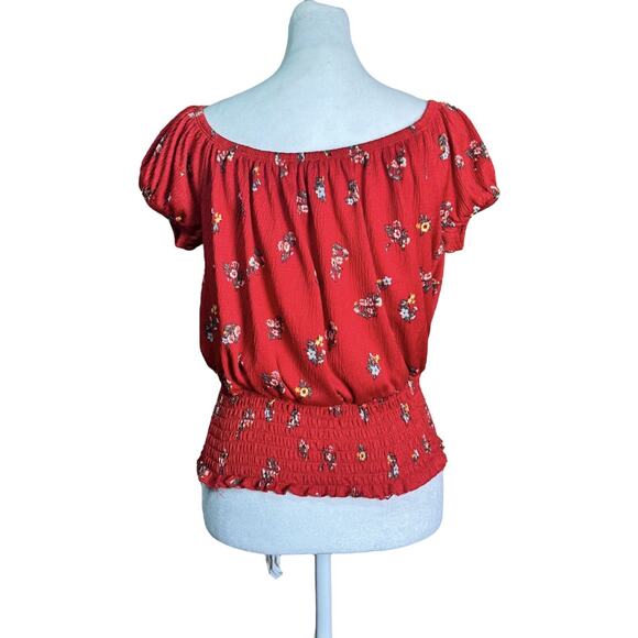 Y2K Rue21 Red Floral Smocked Peasant Top Boho Cottagecore Sz L Romantic Feminine - Picture 4 of 6